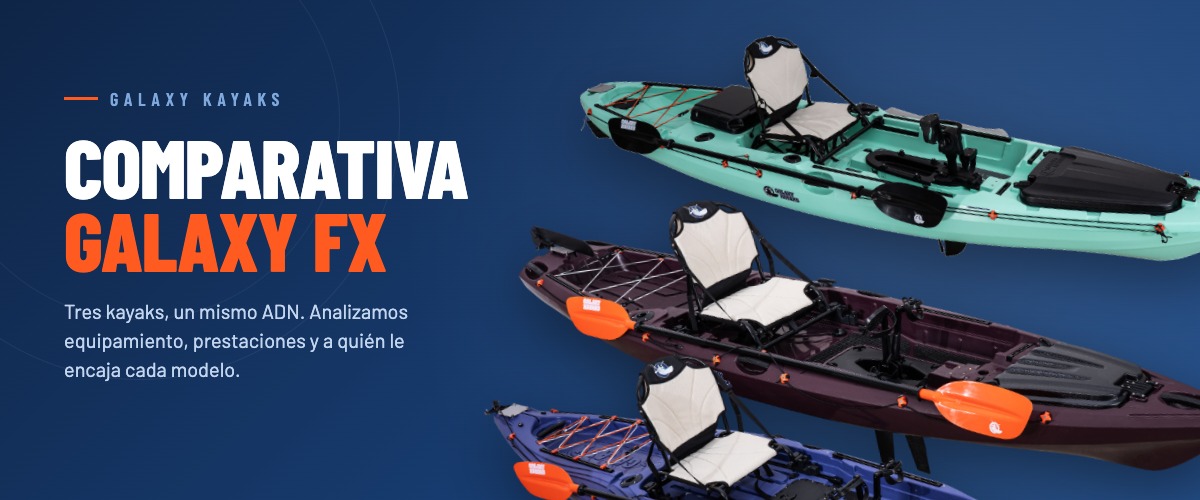 Comparativa de los kayaks de pesca a pedales Galaxy Alborán FX3, Wildcat FX3 y Supernova FX