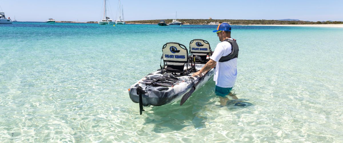 Galaxy sit-on-top beginner kayak on a beach in summer